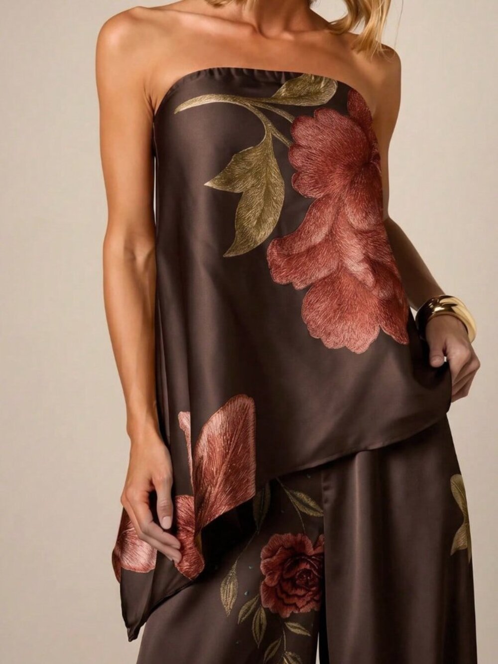 Brown Elegant Women's Slim Strapless Asymmetric Floral Tube Top
